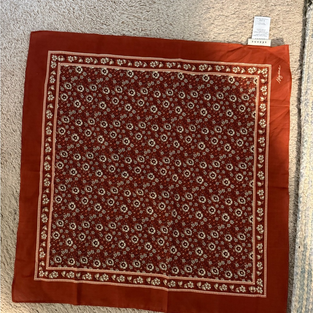 Sezane Rust Red Floral Bandana Accent Scarf